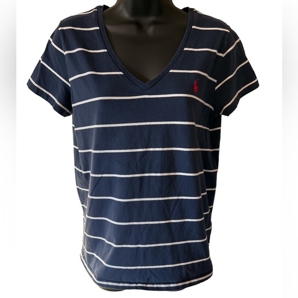 Ralph Lauren Tops - Ralph Lauren Blue & White Striped Women's Logo V-Neck Tee | Large